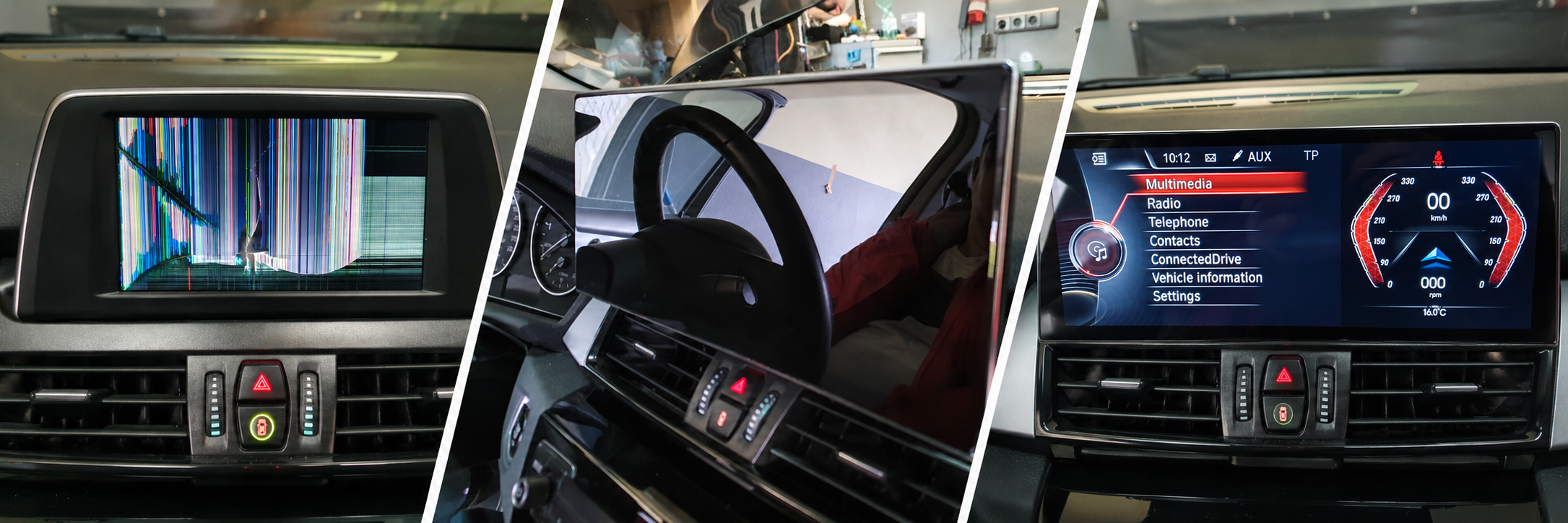 BMW F46 mit einem defekten 6.5 Display - doch mit dem neuen VioVox 5602P 12.3 Android Touchscreen sieht es gleich viel besser aus.